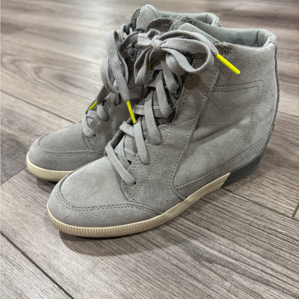 Sorel Gray Wedge Sneakers with Yellow Accents